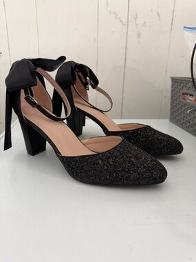 Women’s Black Glitter Block Heel Pumps with Ankle Tie